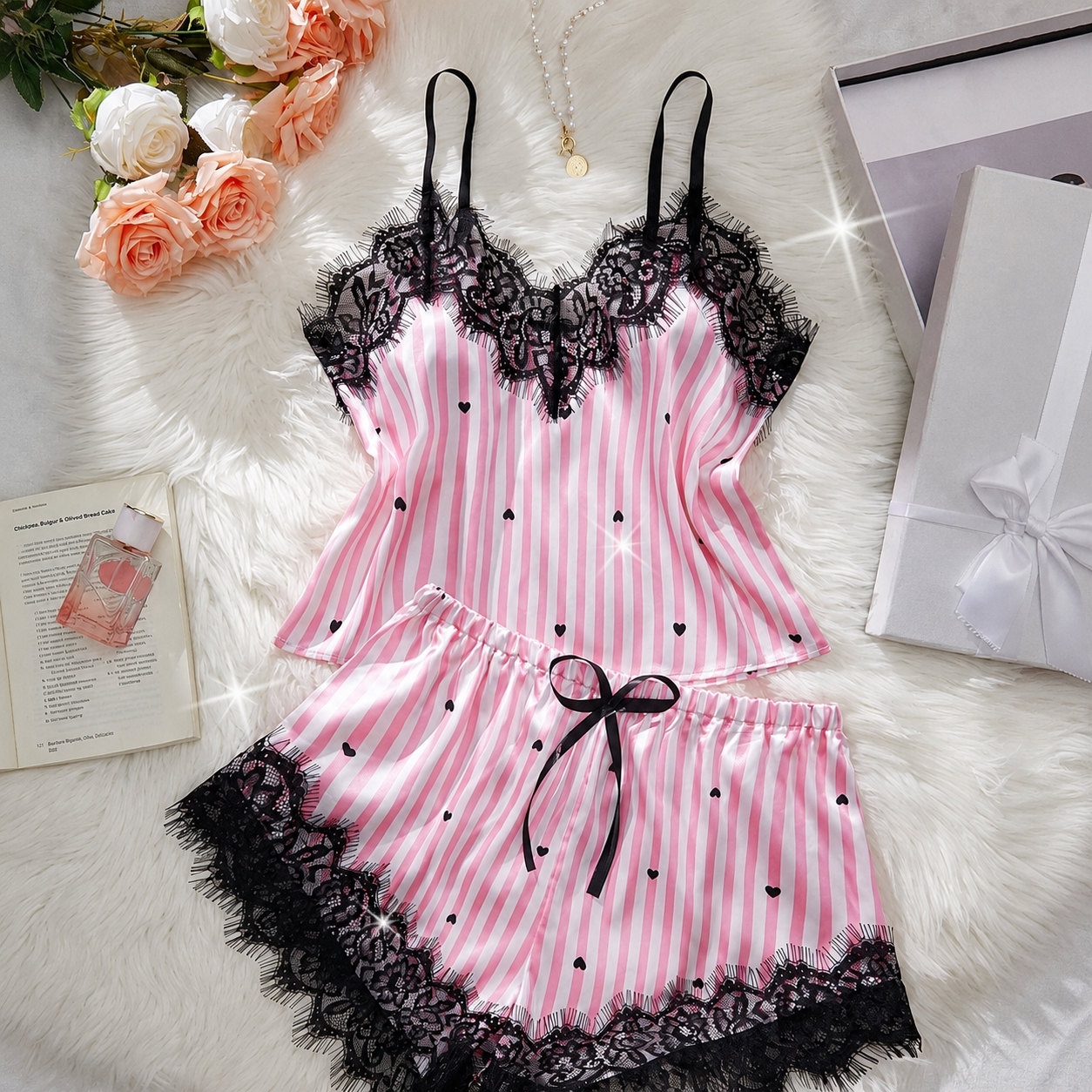 2 Pieces Adjustable Strap Striped Lace Camisole And Bow Shorts Set For Women