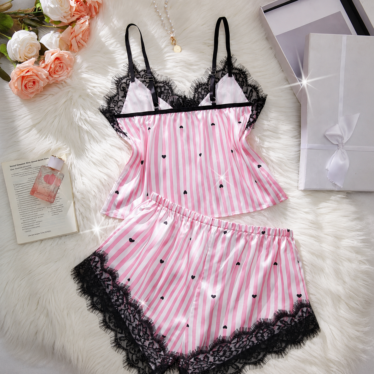 2 Pieces Adjustable Strap Striped Lace Camisole And Bow Shorts Set For Women