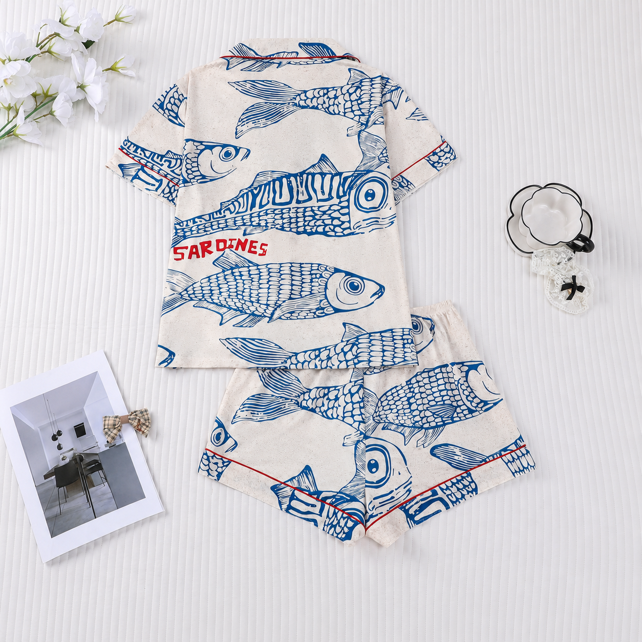 Sardine Print 2 Pieces Short Sleeve Lapel Top And Shorts Set For Women