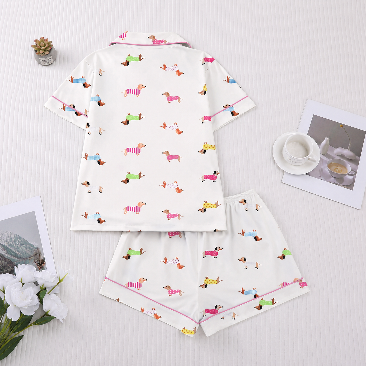 2 Piece Dachshund Puppy Printed Pajama Set For Women