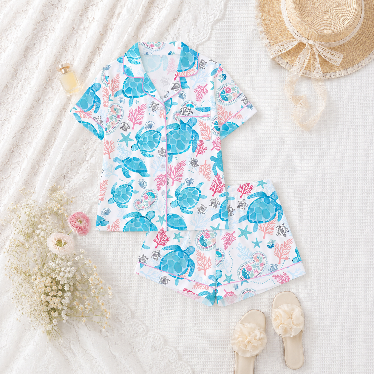 2 Pieces  Ocean Turtle Print Short Sleeve Polo Shirt And Shorts Set For Women
