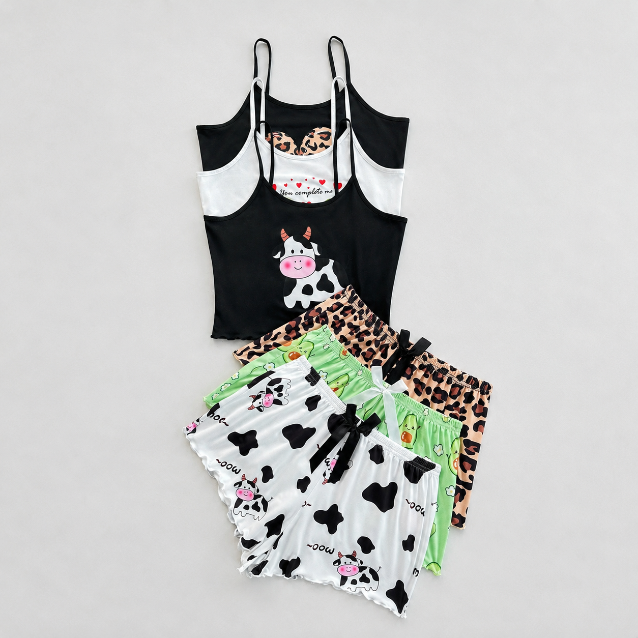 3 Piece Lace Trim Cartoon Printed Pajama Set