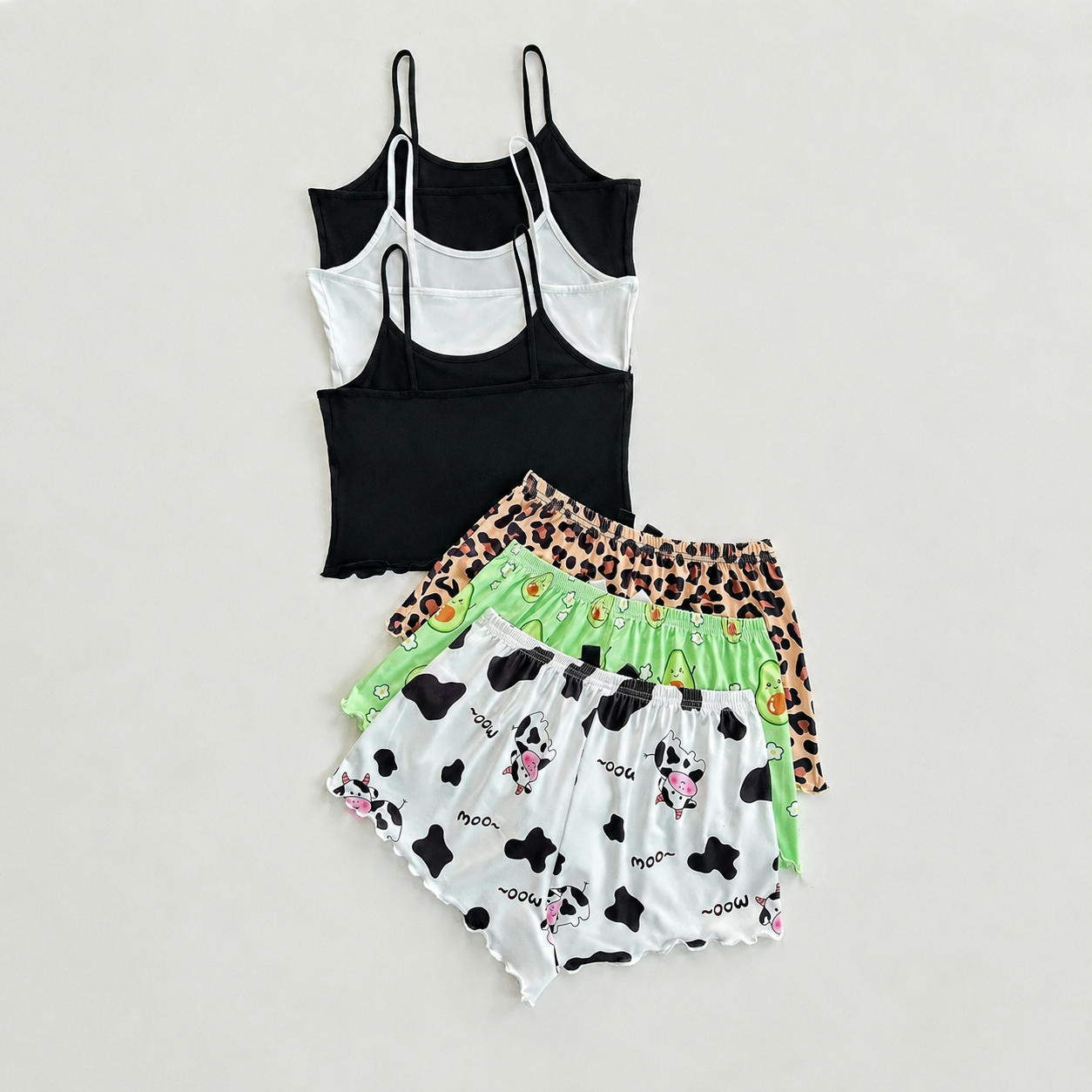 3 Piece Lace Trim Cartoon Printed Pajama Set