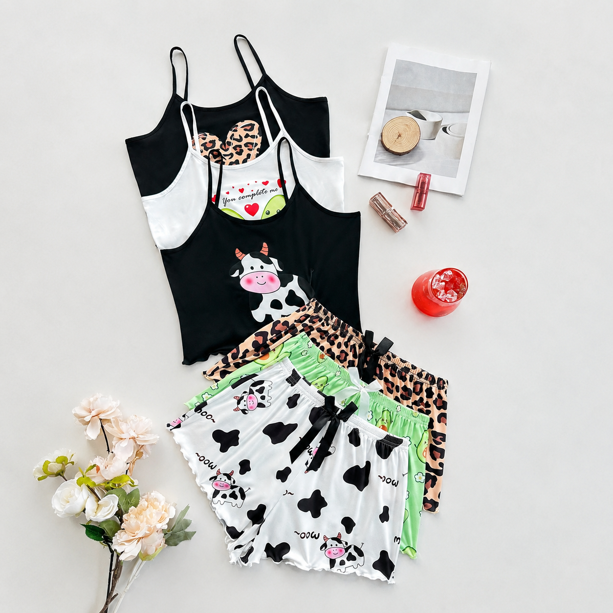 3 Piece Lace Trim Cartoon Printed Pajama Set