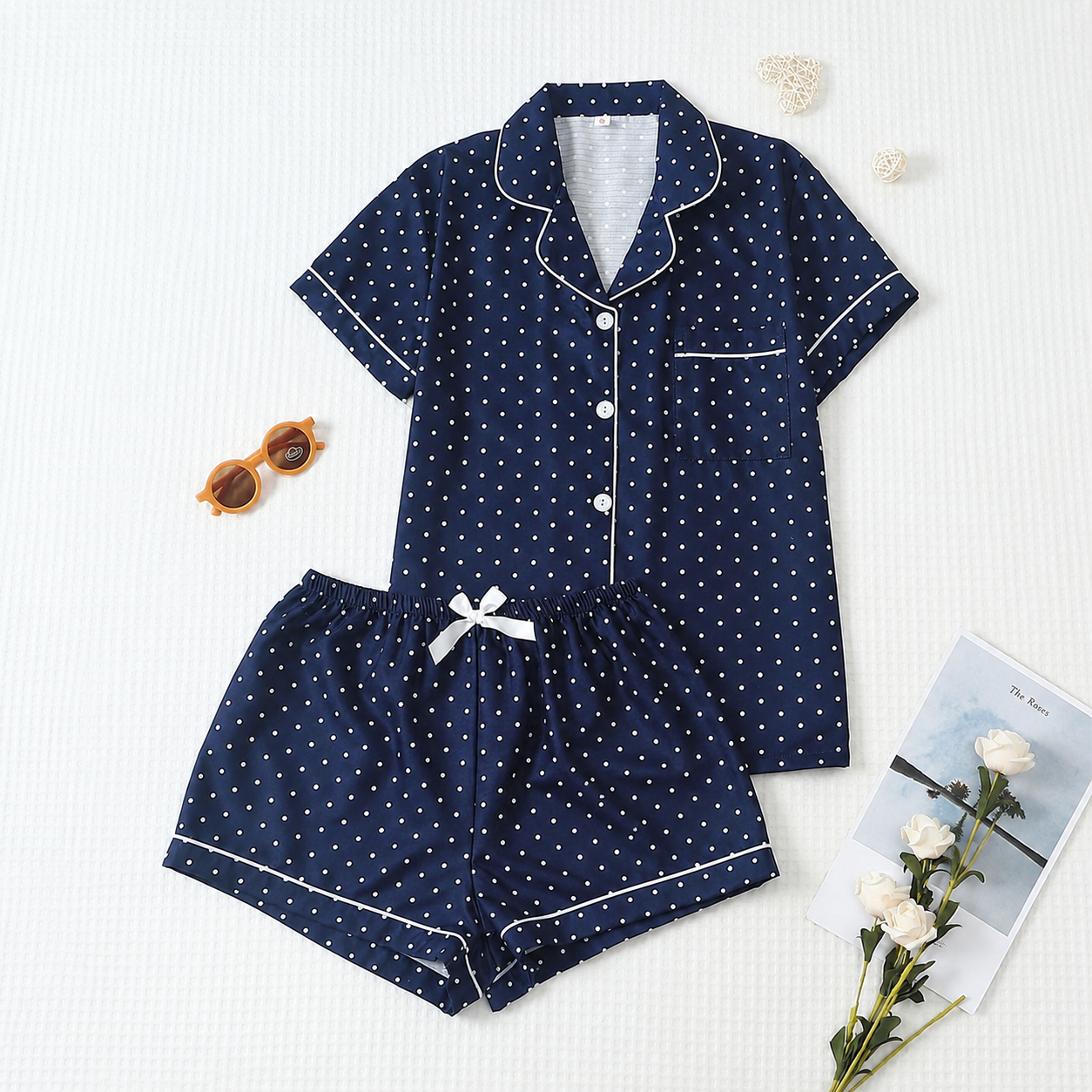 2 Piece Polka Dot Pajama Set With Contrast Trim For Women