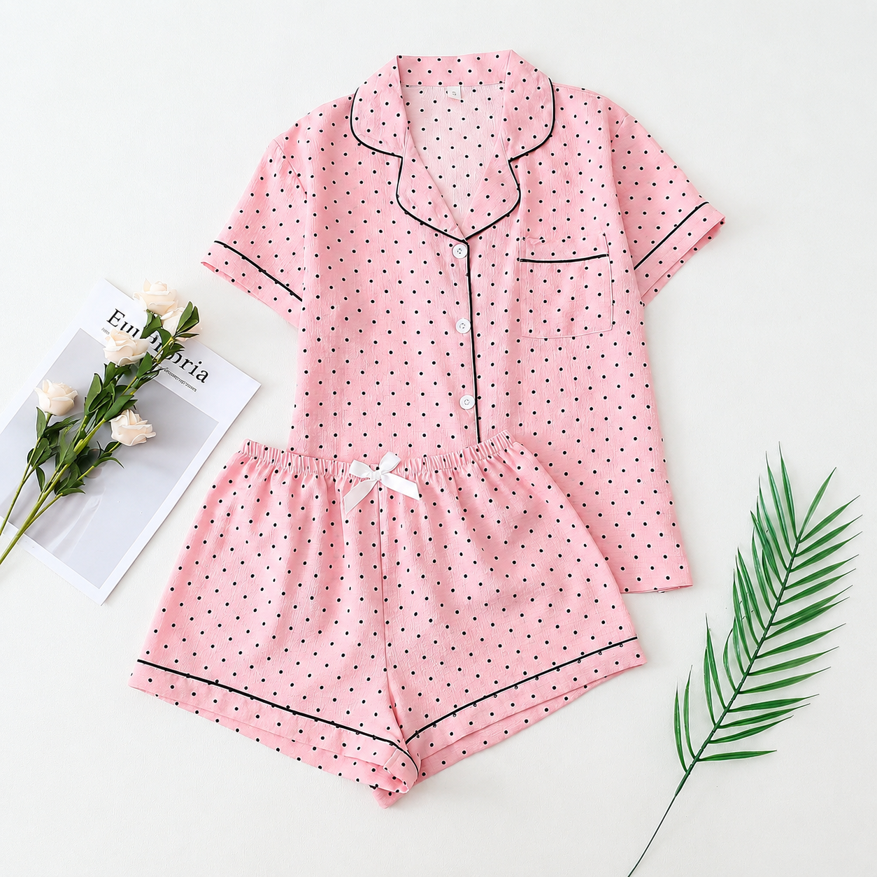 2 Piece Polka Dot Pajama Set With Contrast Trim For Women