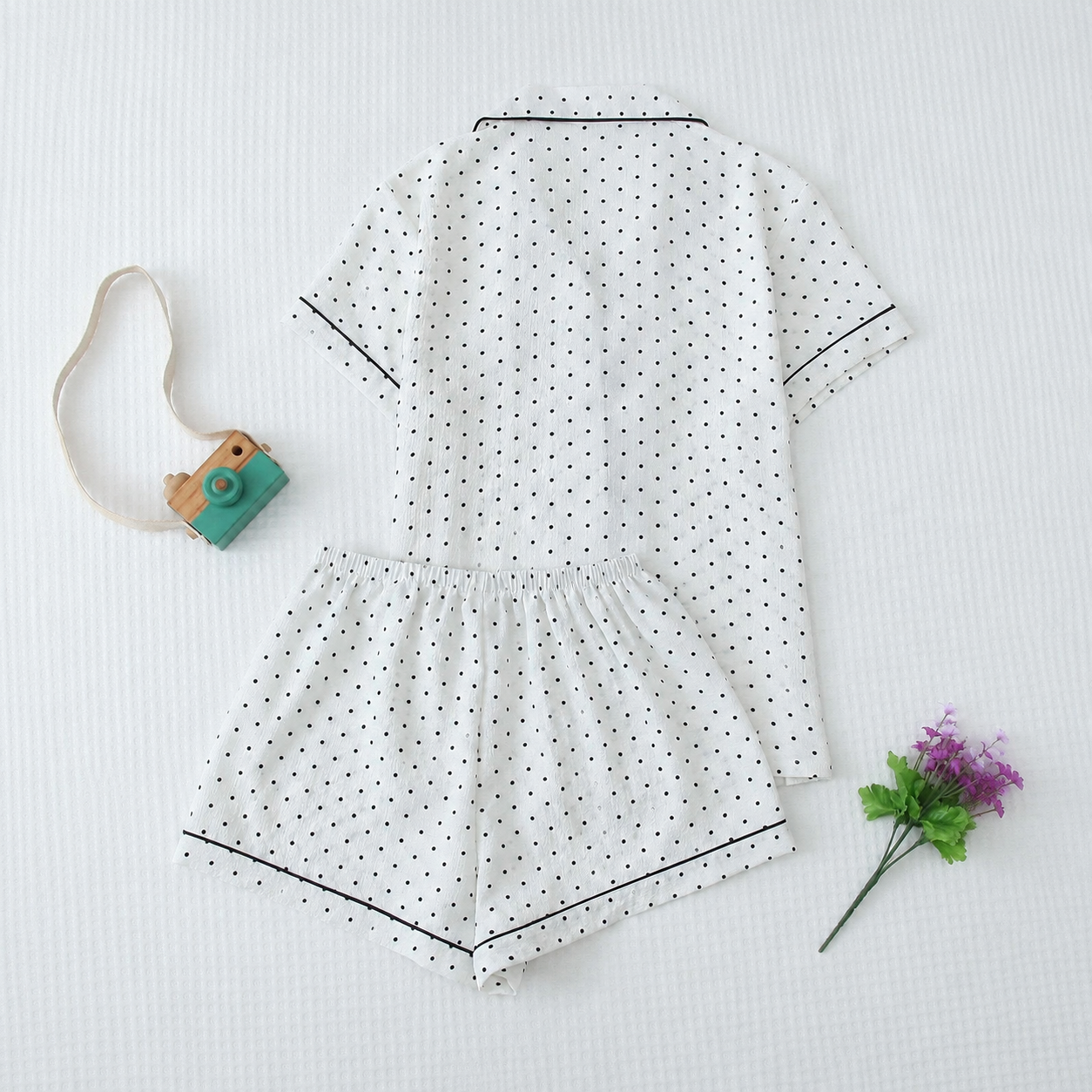 2 Piece Polka Dot Pajama Set With Contrast Trim For Women