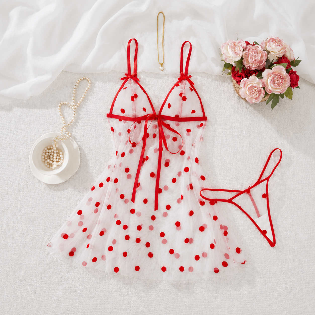  Polka Dot Mesh Front Tie Up With Large Bow Lingerie Sleepwear Set