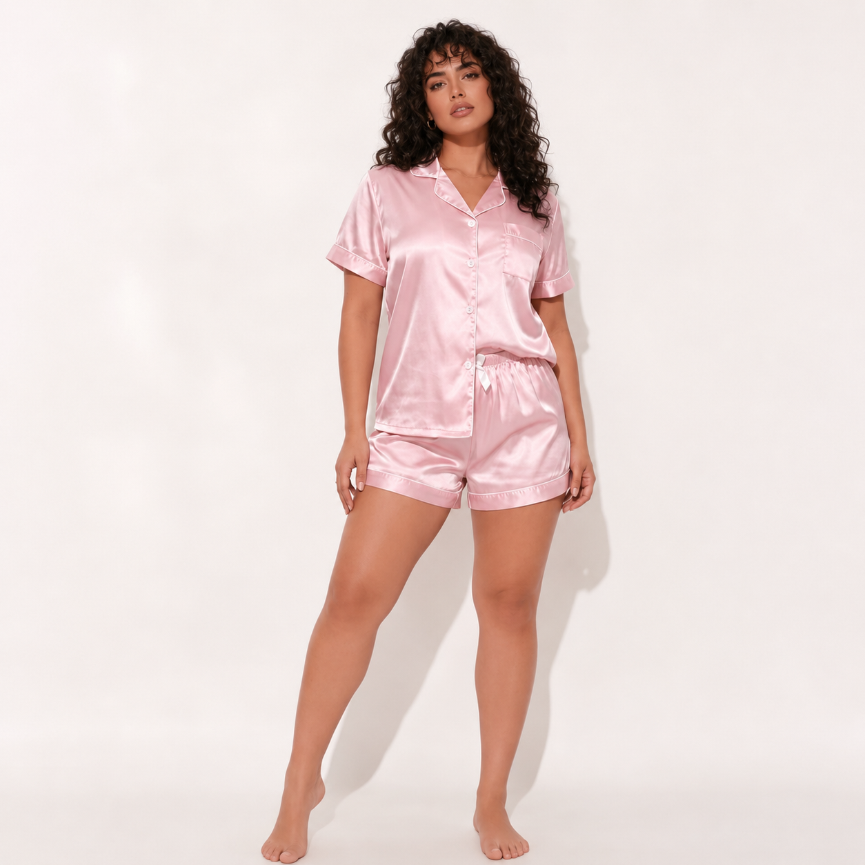 Snug League Short Sleeve Button Collar Elegant Plain Women Shorts Set 