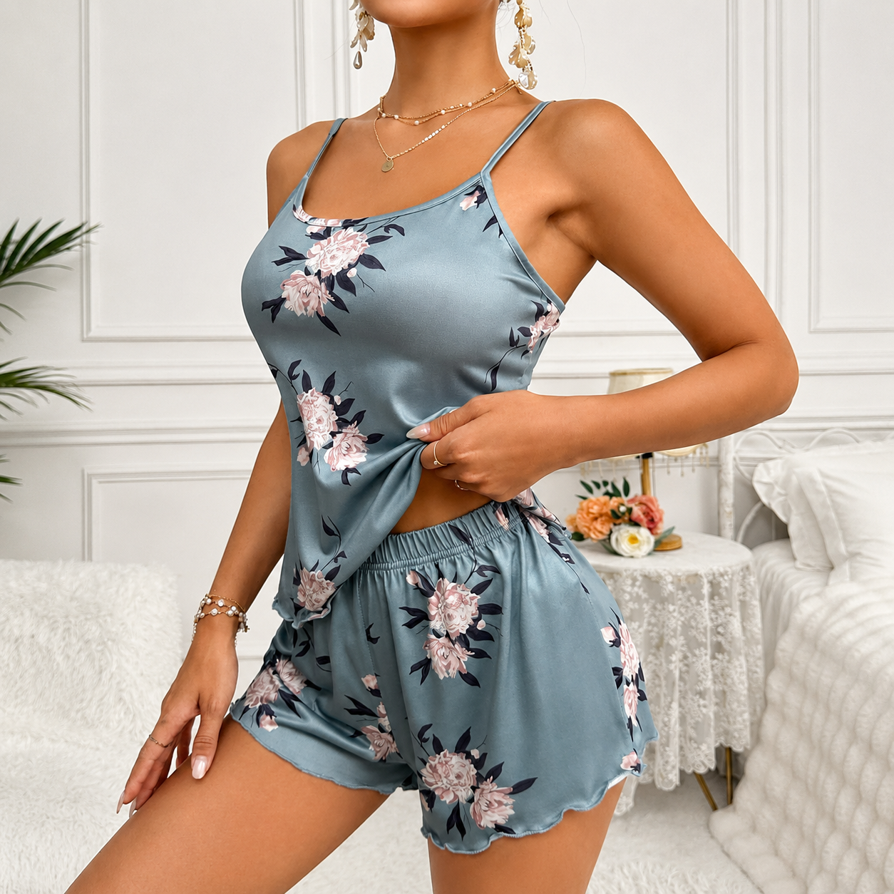 Floral Printed Women Loungewear Shorts Set