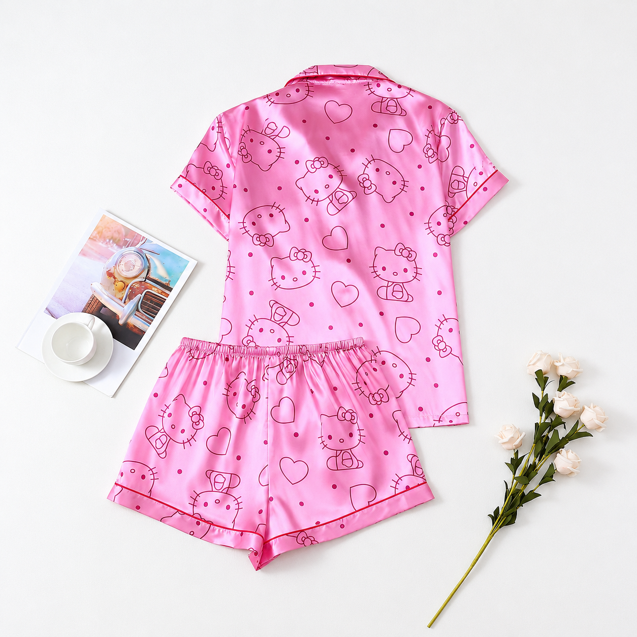 2 Pieces Printed Lapel Top And Bow Shorts Sleepwear Set For Women