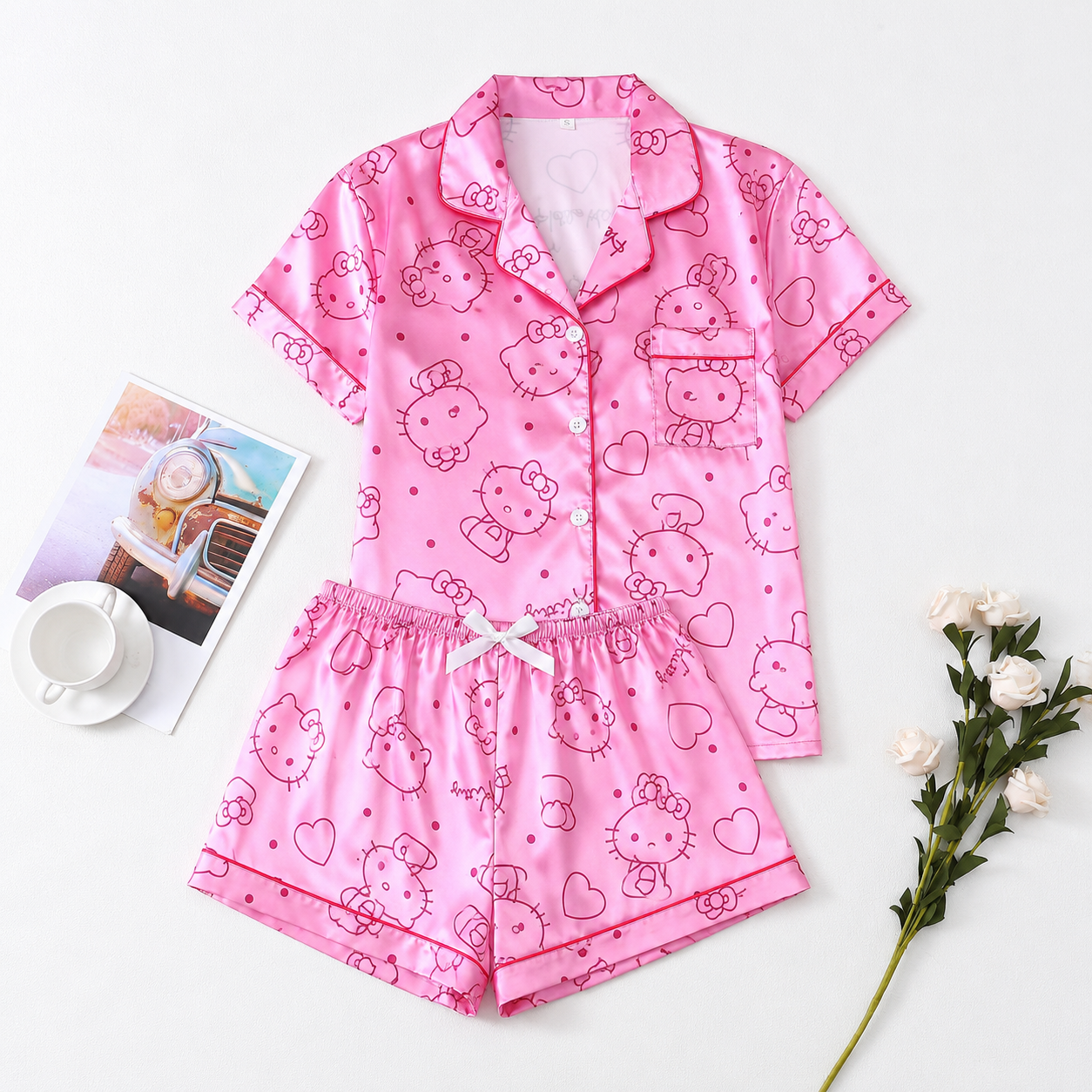 2 Pieces Printed Lapel Top And Bow Shorts Sleepwear Set For Women