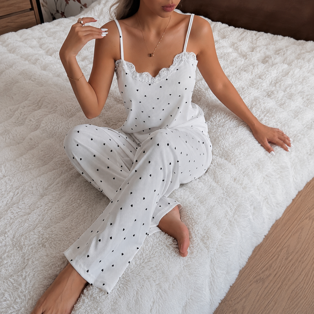 Casual Ribbed Lace Cami And Long Pants Sleepwear Set For Women