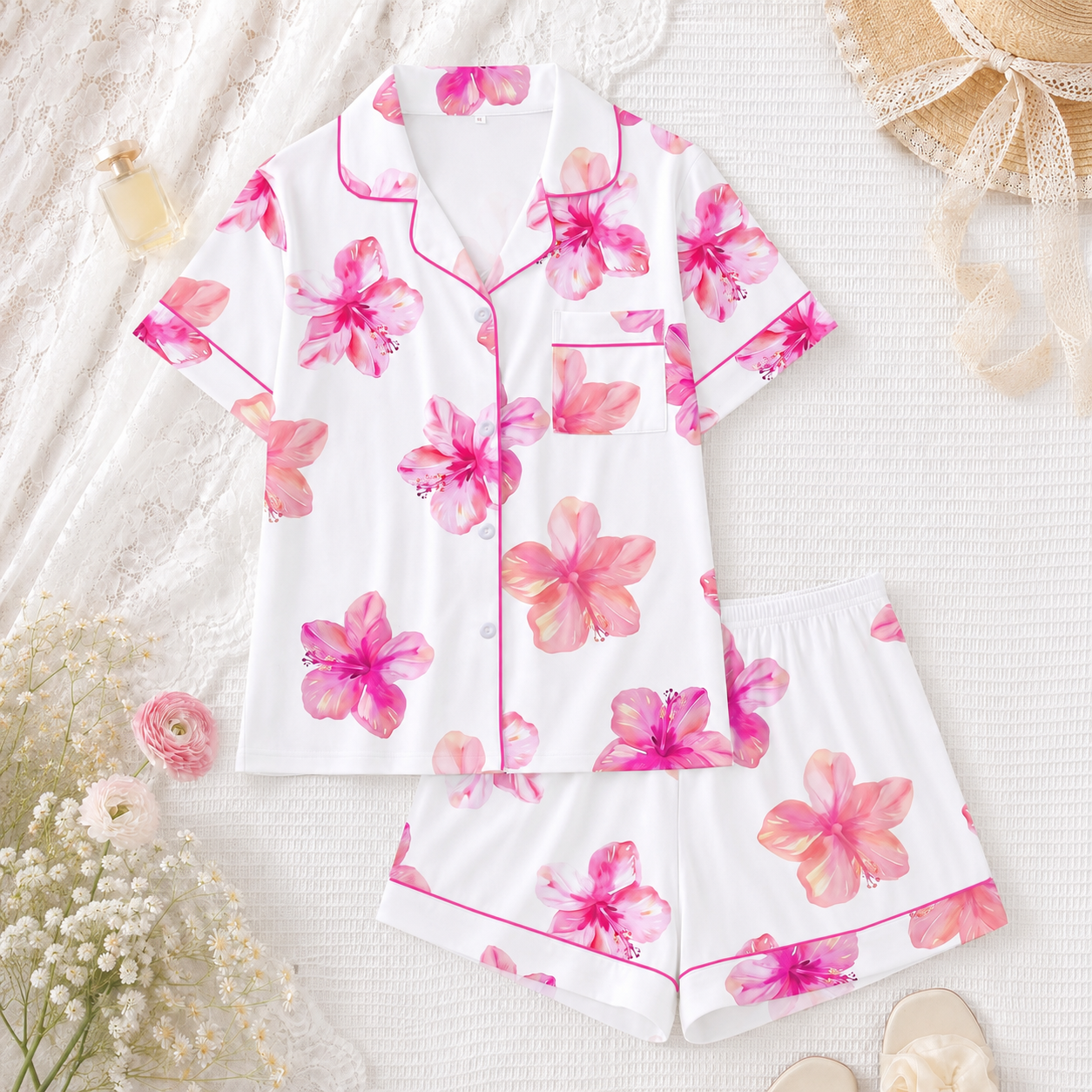 2 Piece Floral Printed Short Sleeve Pajama Set For Women
