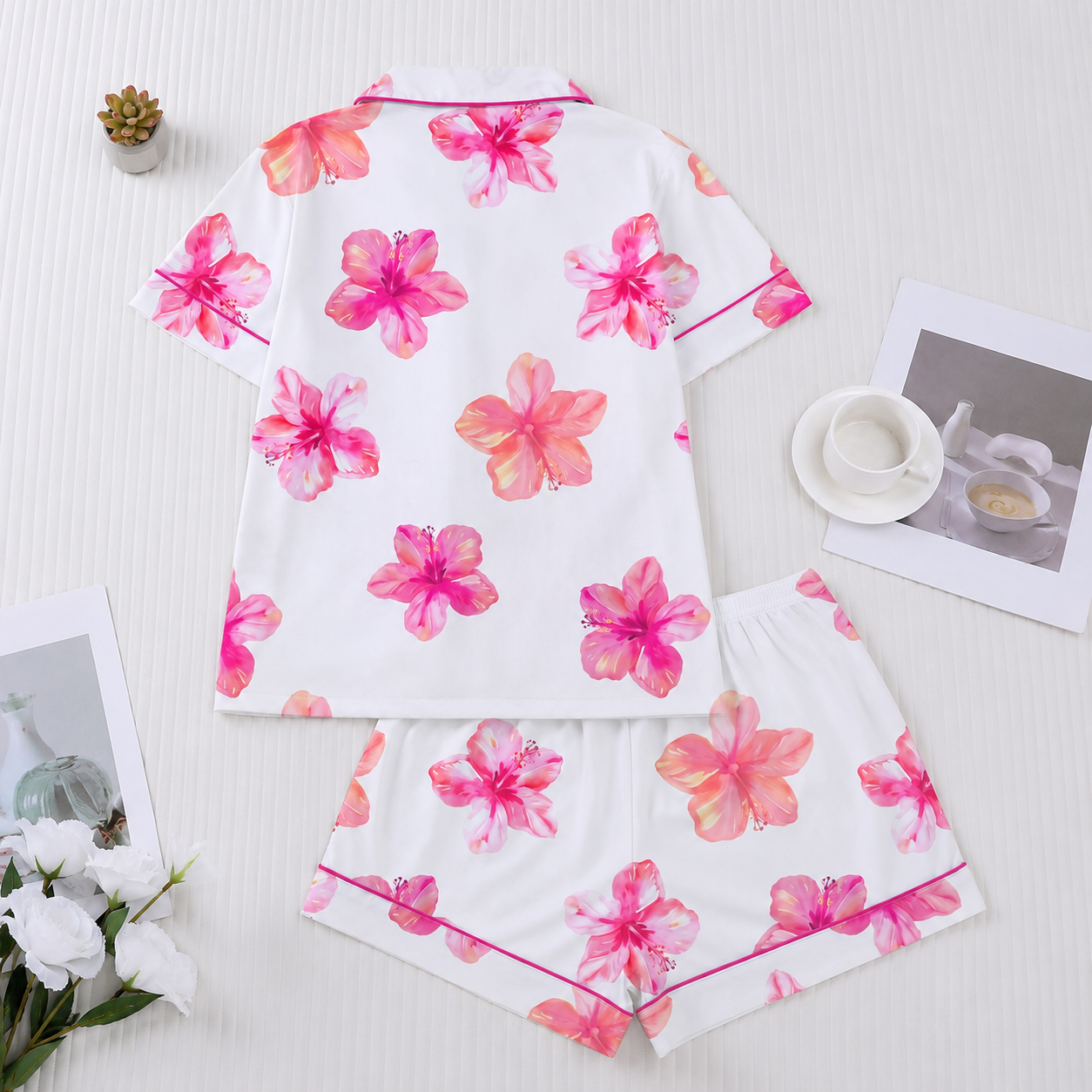 2 Piece Floral Printed Short Sleeve Pajama Set For Women