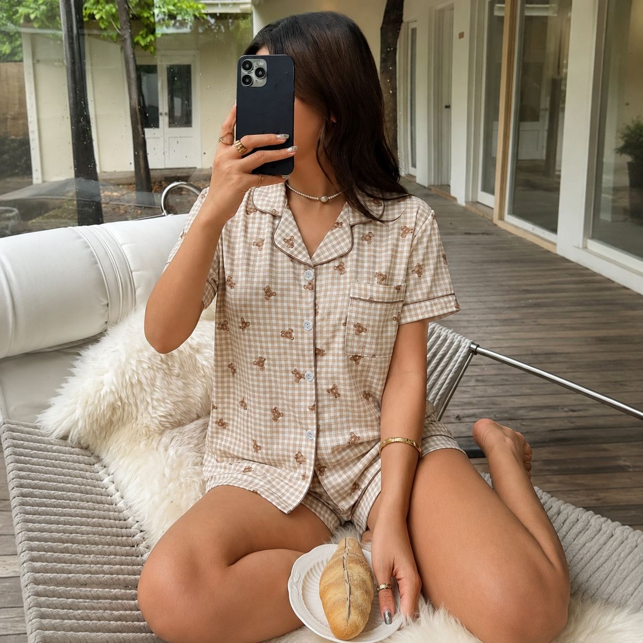 Casual Teddy Bear Printed Pajama Set For Women