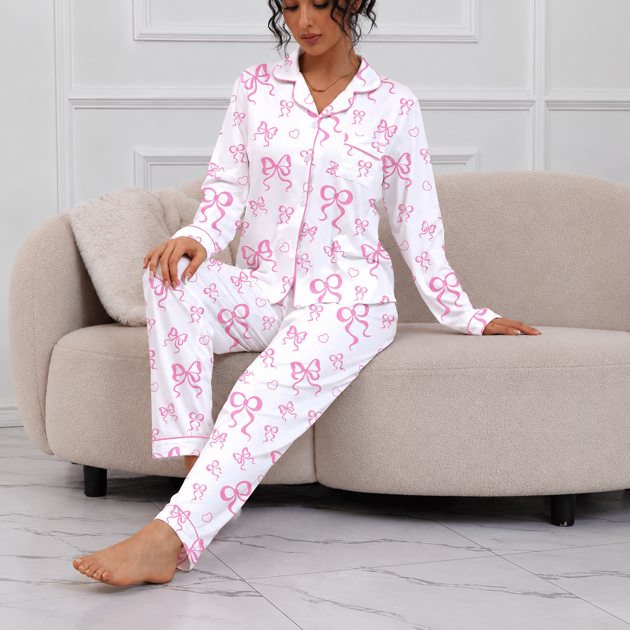 Two Piece Ribbon Bow Printed Long Sleeve Pajama Set