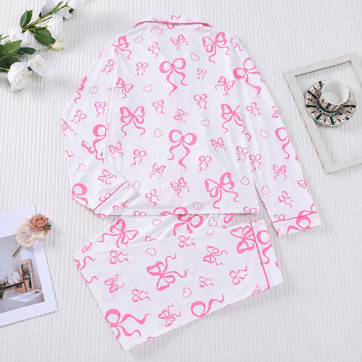 Two Piece Ribbon Bow Printed Long Sleeve Pajama Set