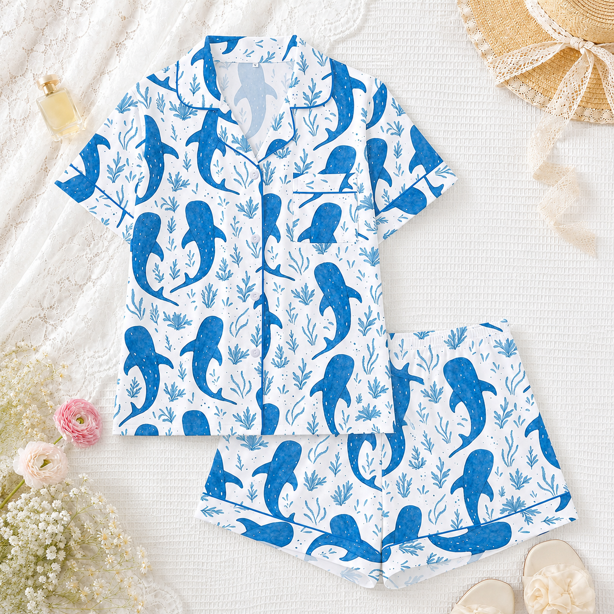 2 Pieces Whale Print Short Sleeve Collared Top And Shorts Set For Women