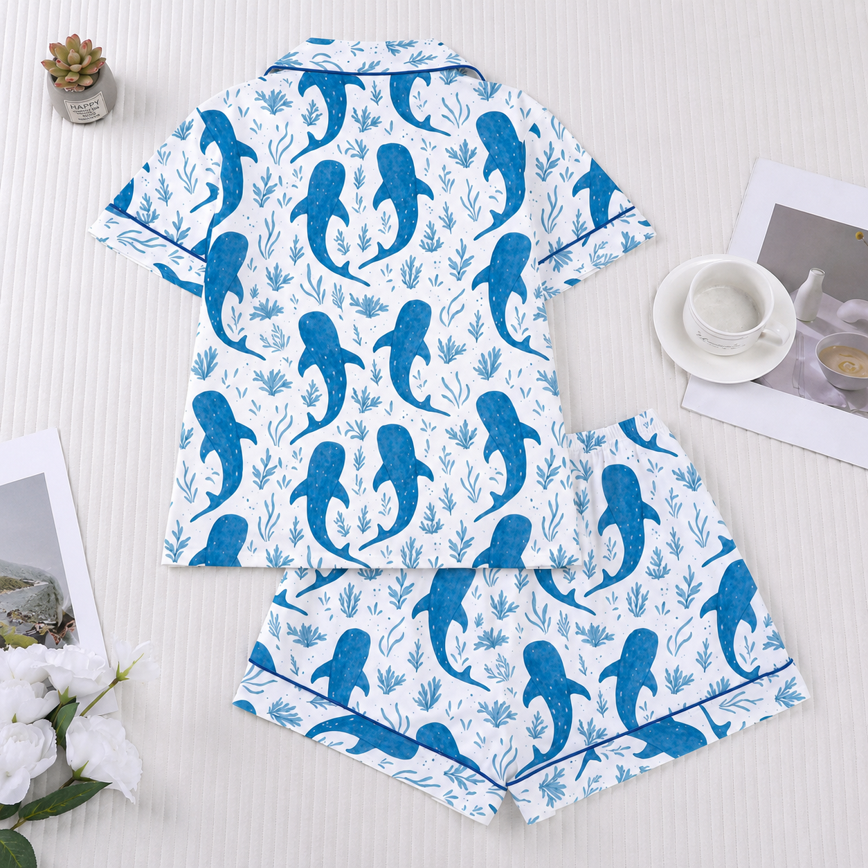 2 Pieces Whale Print Short Sleeve Collared Top And Shorts Set For Women