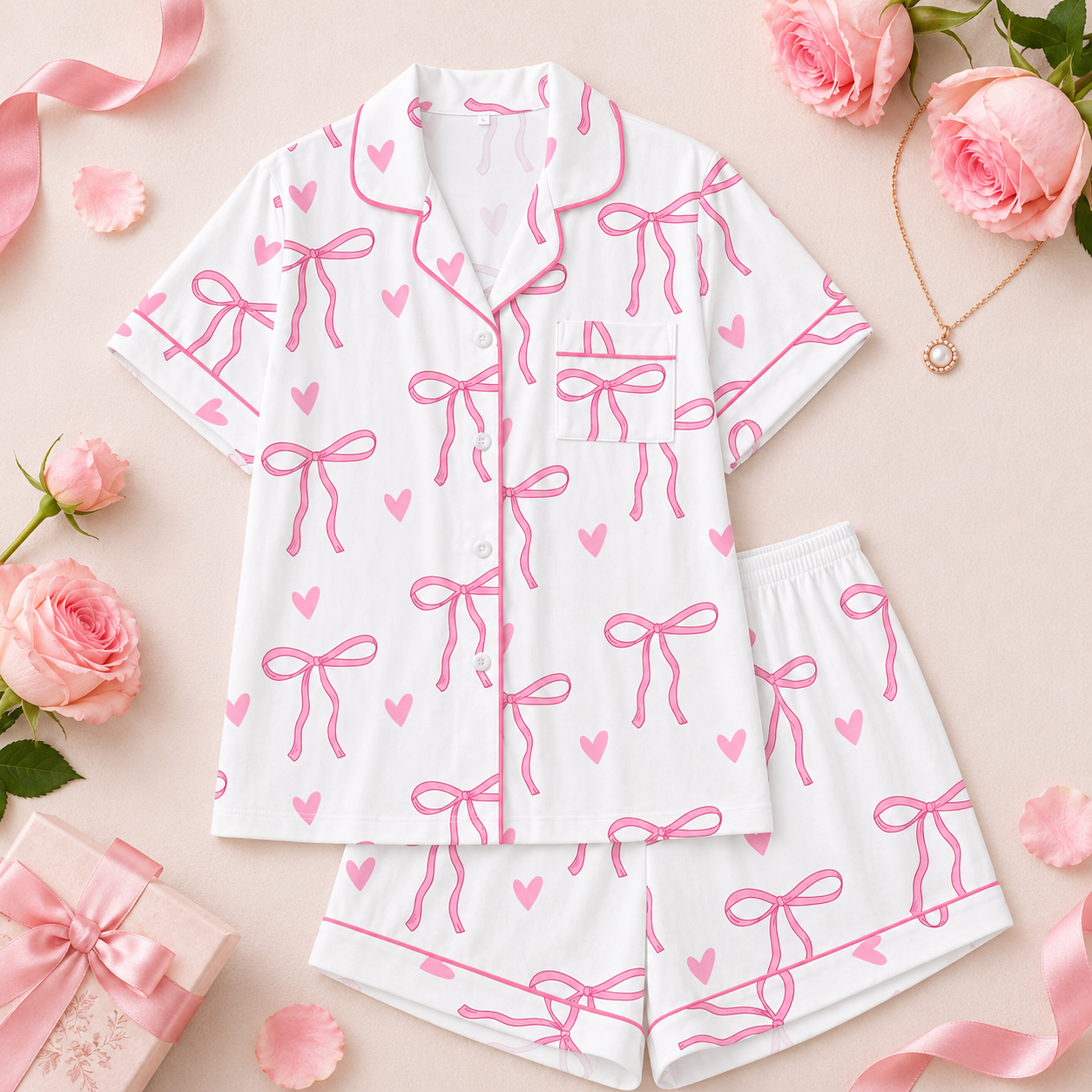 2 Pieces Bow Print Summer Holiday Short Sleeve Lapel Top And Shorts Loungewear For Women
