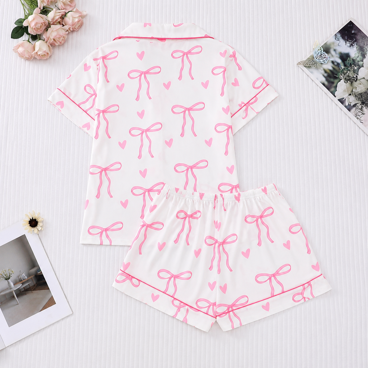 2 Pieces Bow Print Summer Holiday Short Sleeve Lapel Top And Shorts Loungewear For Women