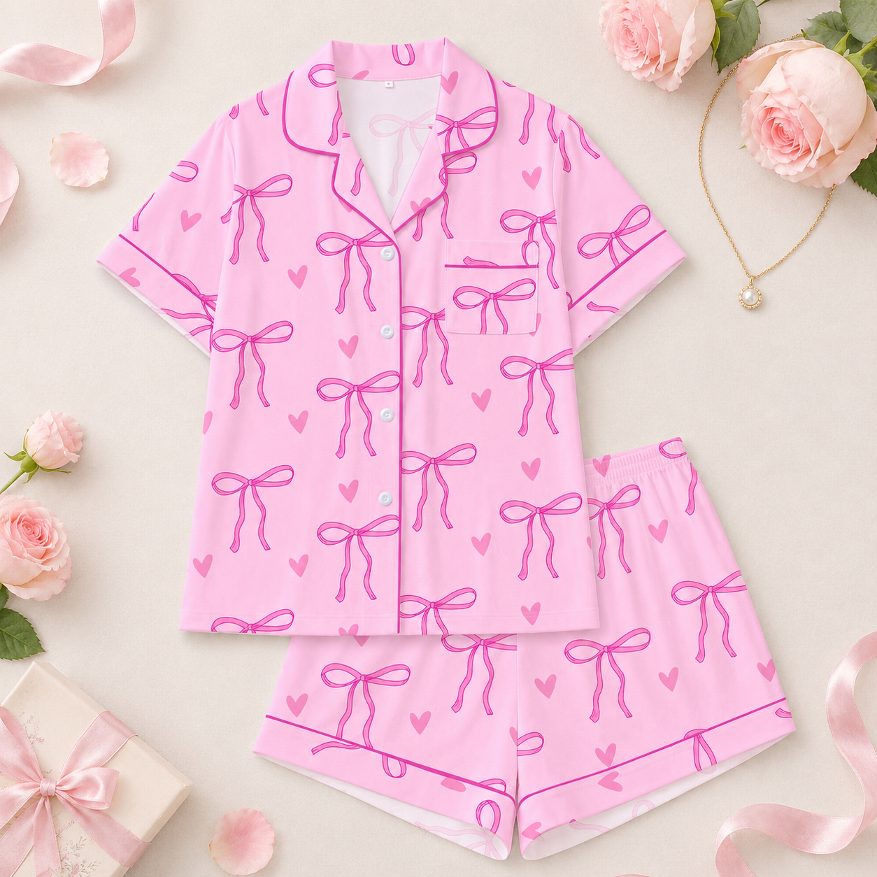 2 Pieces Bow Print Summer Holiday Short Sleeve Lapel Top And Shorts Loungewear For Women