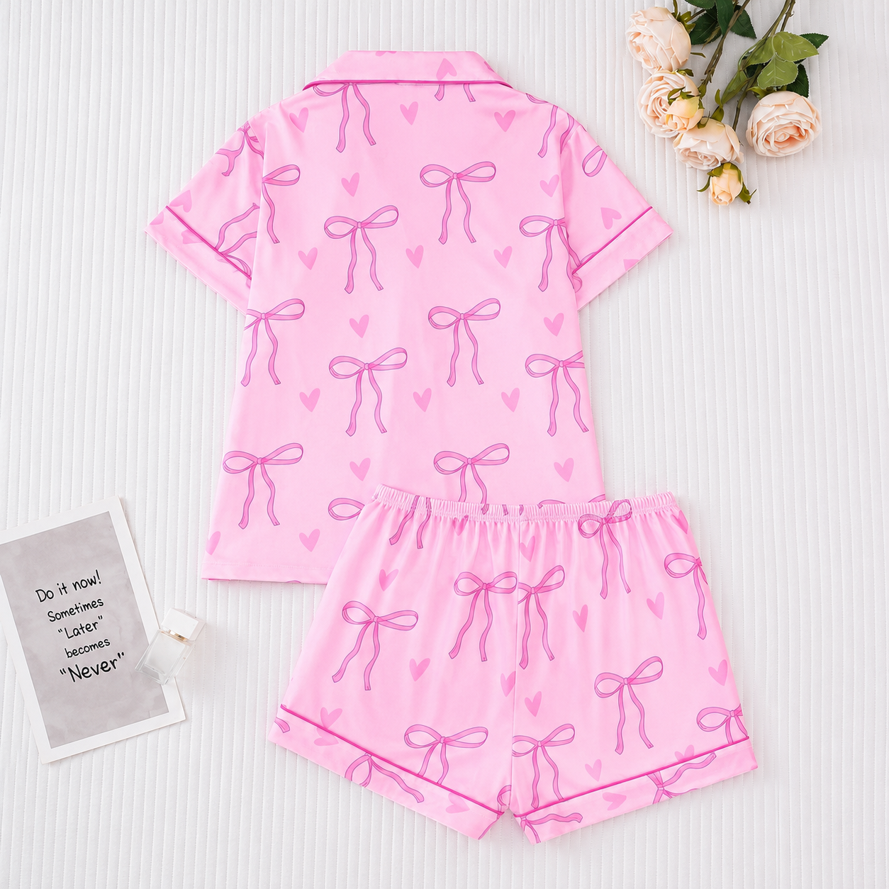 2 Pieces Bow Print Summer Holiday Short Sleeve Lapel Top And Shorts Loungewear For Women