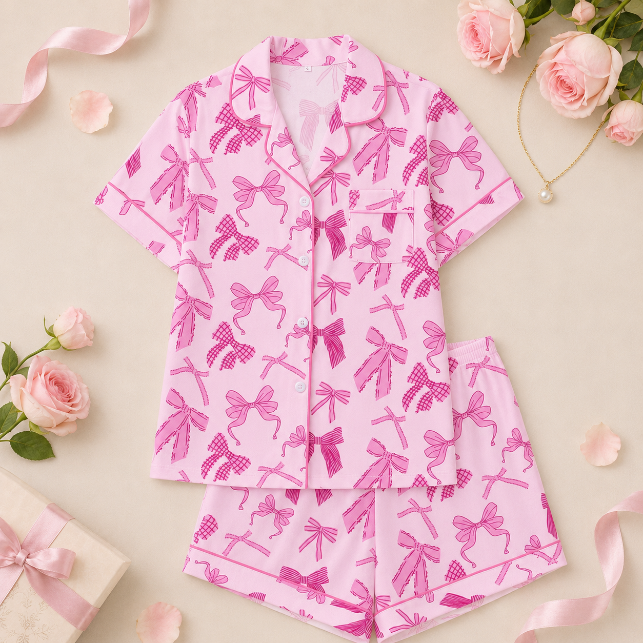 2 Pieces Bow Print Summer Holiday Short Sleeve Lapel Top And Shorts Loungewear For Women