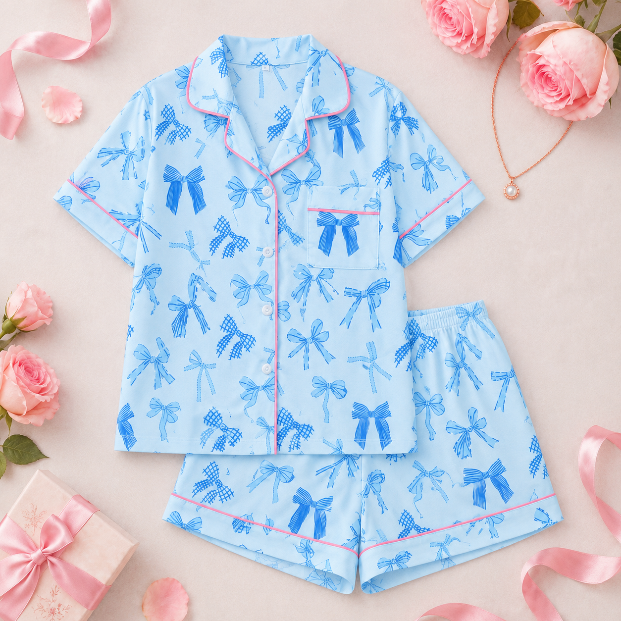 2 Pieces Bow Print Summer Holiday Short Sleeve Lapel Top And Shorts Loungewear For Women