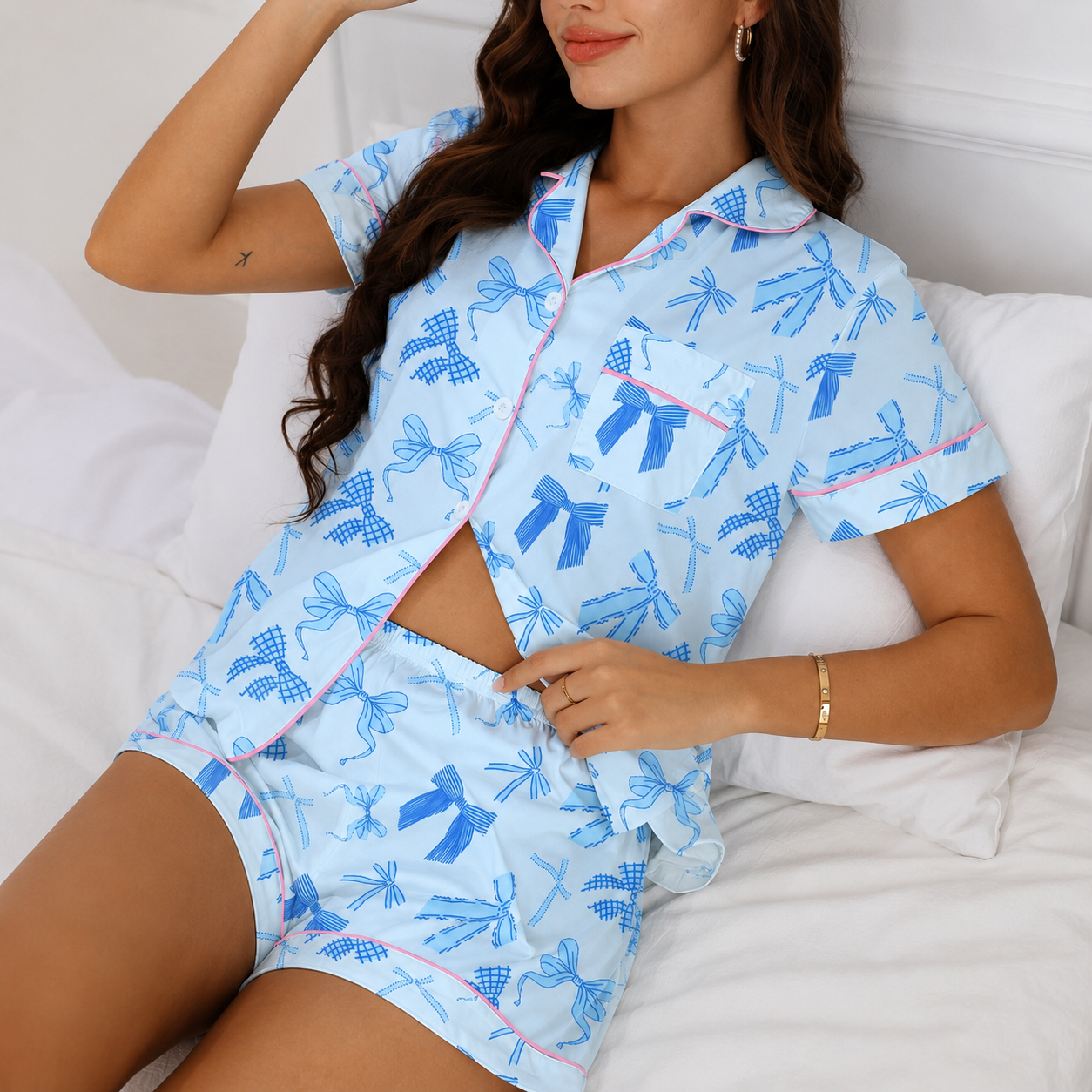 2 Pieces Bow Print Summer Holiday Short Sleeve Lapel Top And Shorts Loungewear For Women