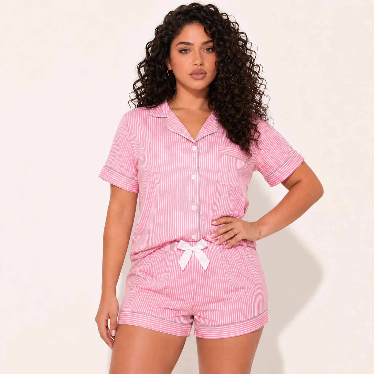 Snug League Striped Print Short Sleeve Top And Shorts Set For Women