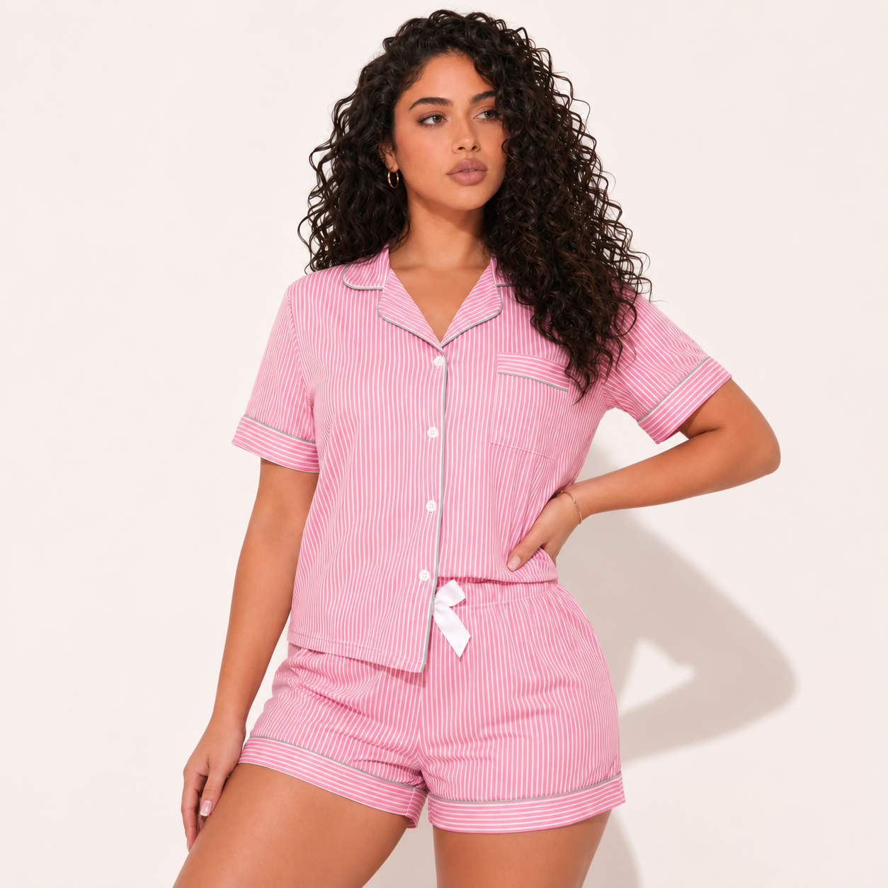 Snug League Striped Print Short Sleeve Top And Shorts Set For Women