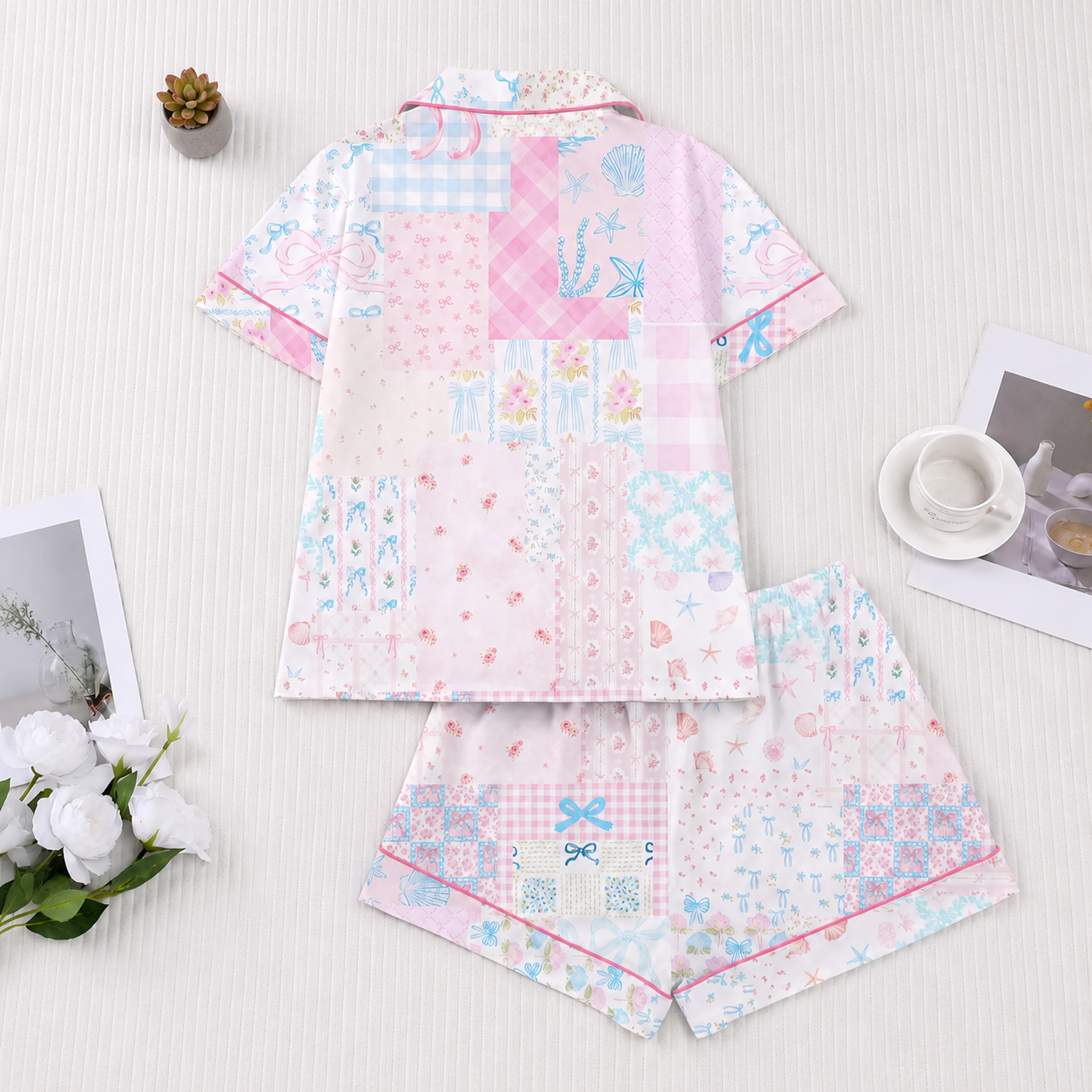 2 Pieces Short Sleeve Floral Loungewear Set For Women
