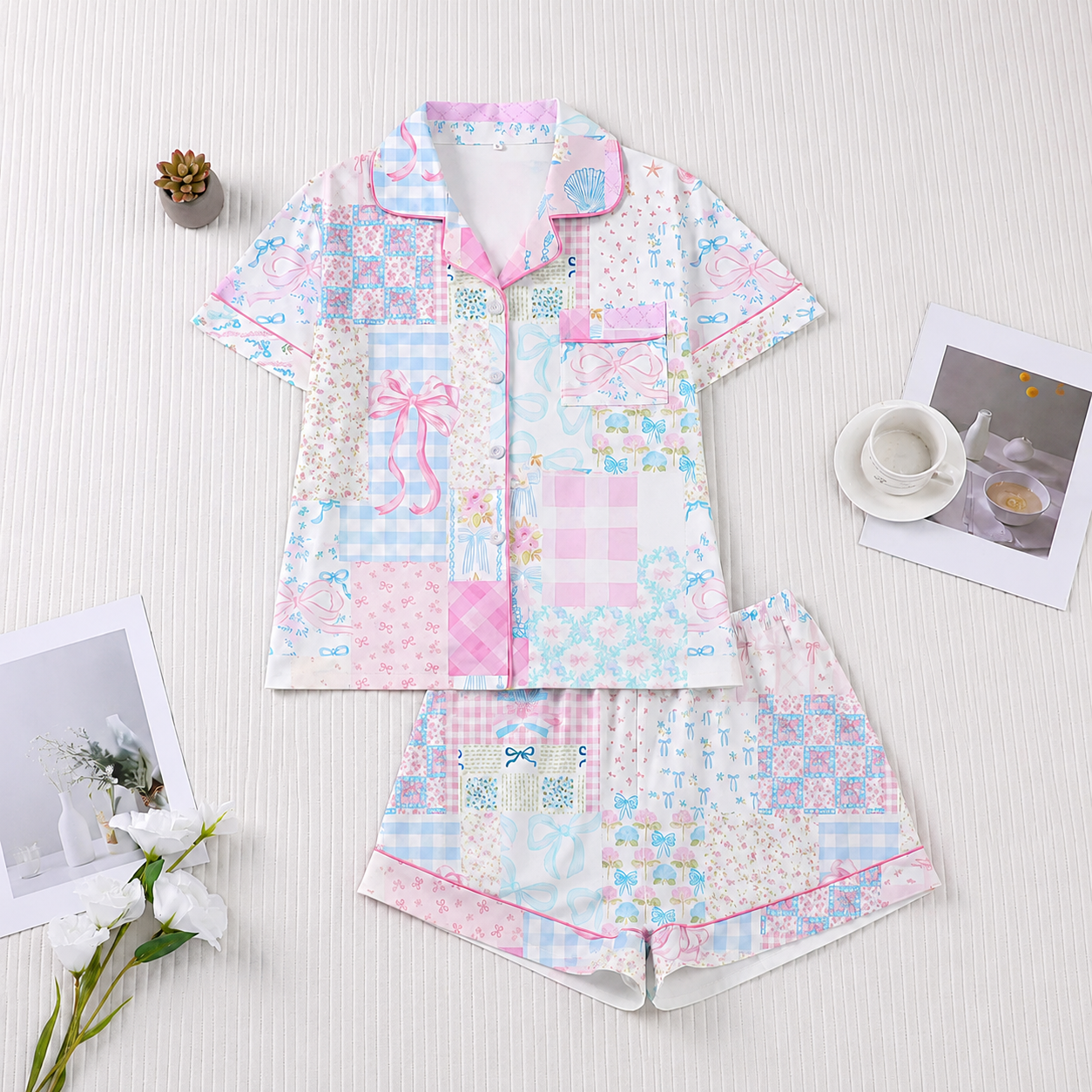 2 Pieces Short Sleeve Floral Loungewear Set For Women