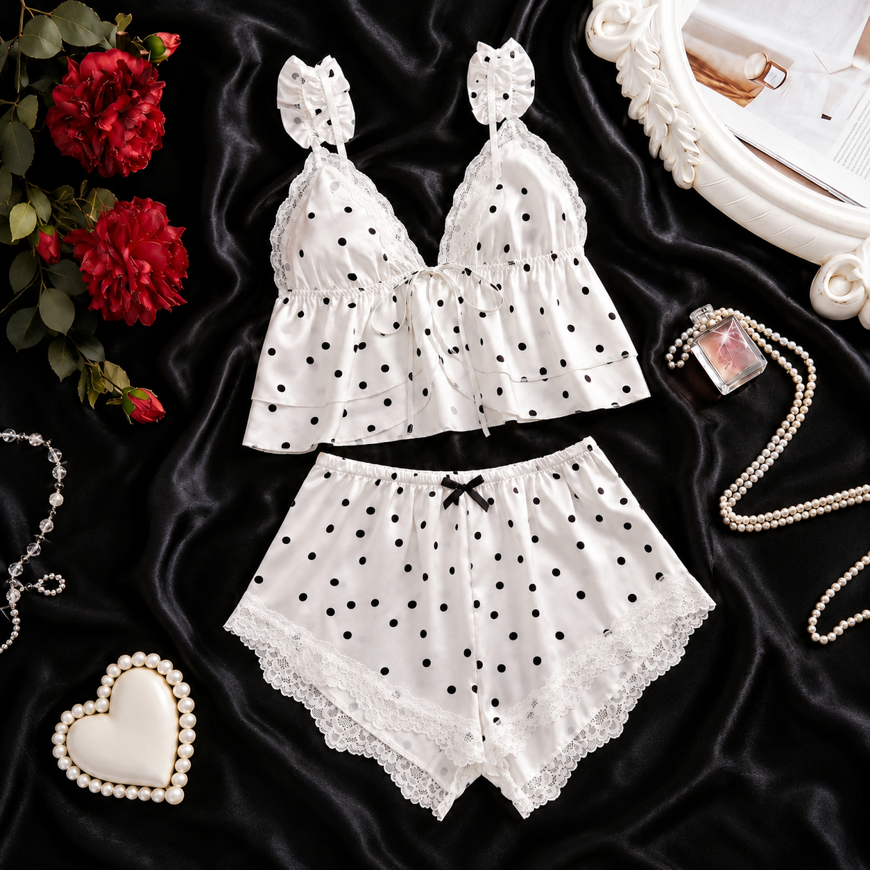 Bowknot Decoration Halter Top And Shorts Set With Lace Patchwork For Women
