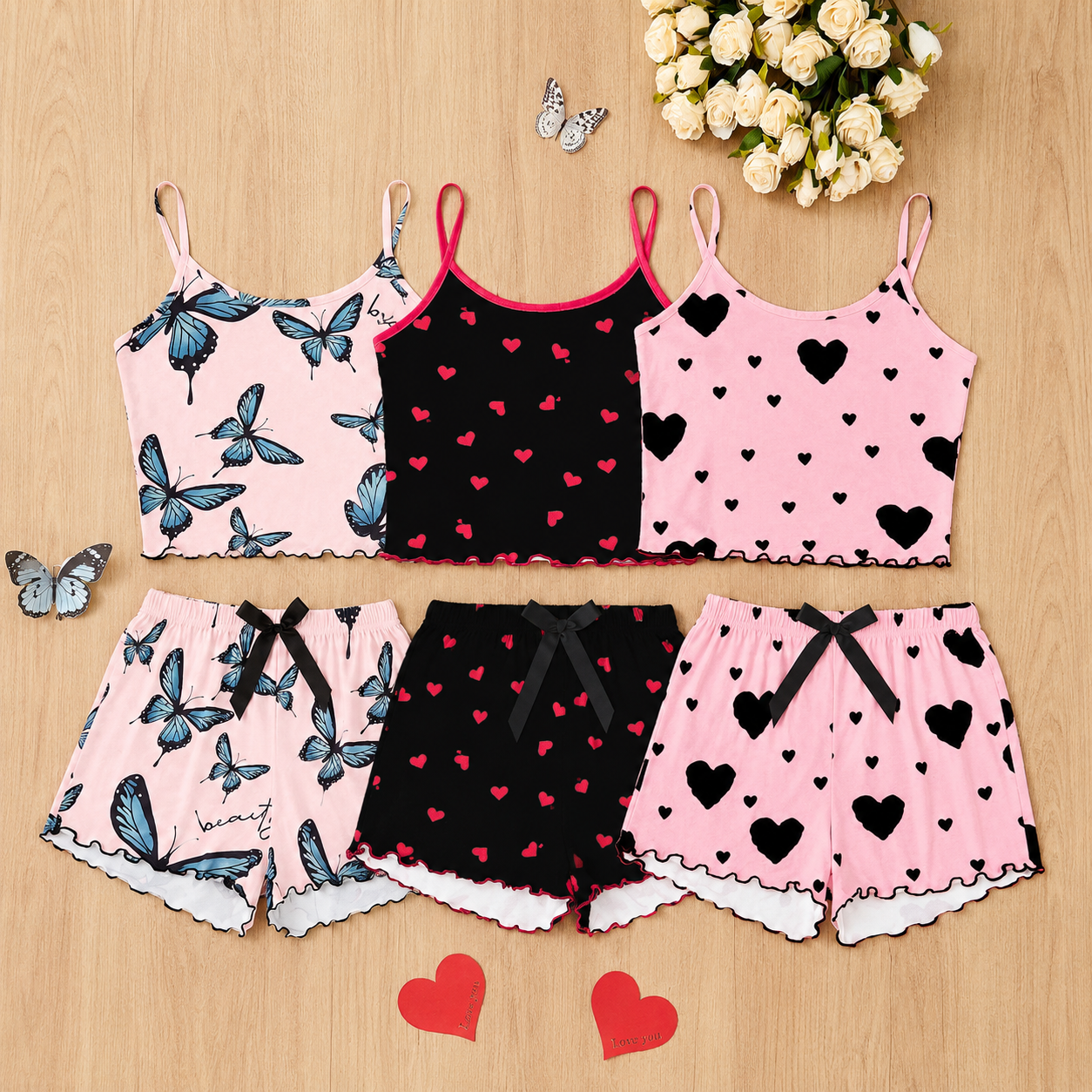 Pack Of 6 Bowknot Print Camisole Top And Shorts Set For Women 
