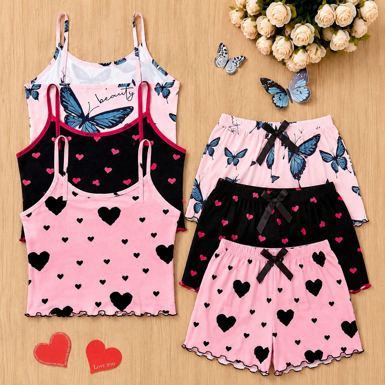 Pack Of 6 Bowknot Print Camisole Top And Shorts Set For Women 