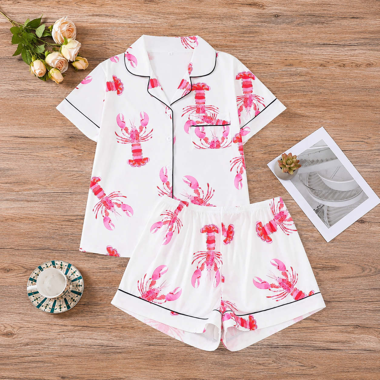 2 Piece Short Sleeve Lobster Printed Lounge Set For Women