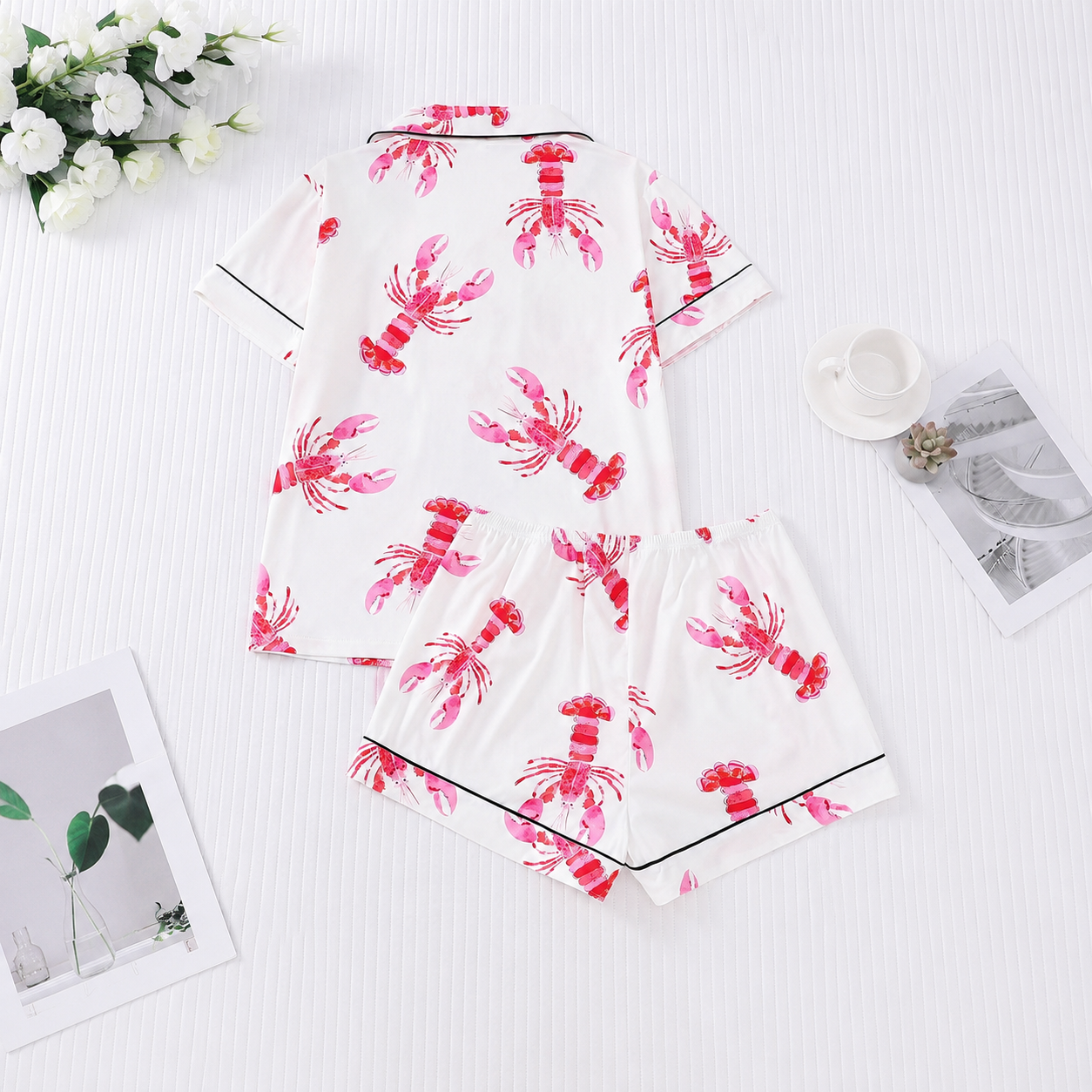 2 Piece Short Sleeve Lobster Printed Lounge Set For Women
