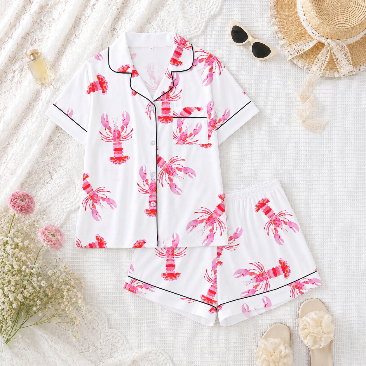 2 Piece Short Sleeve Lobster Printed Lounge Set For Women