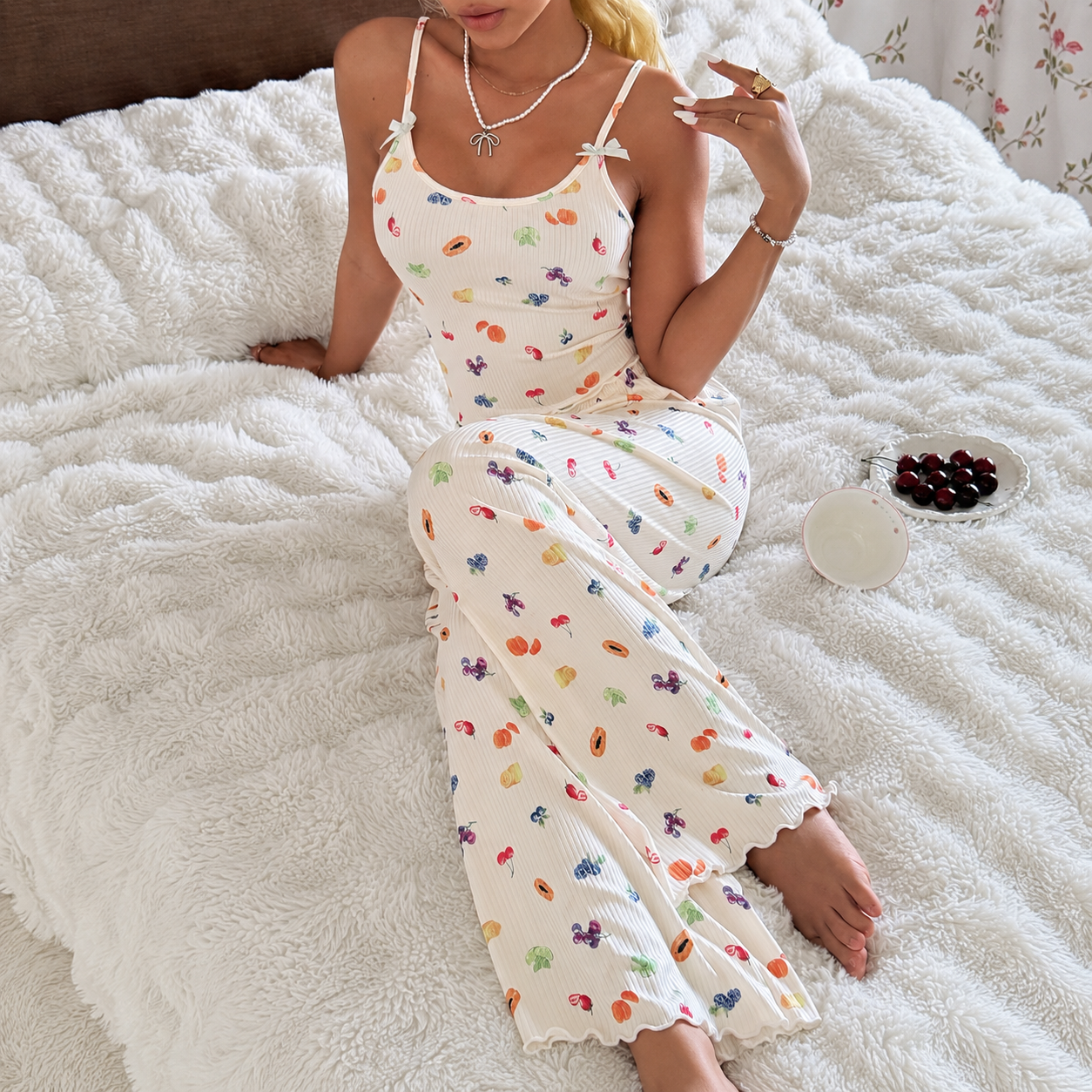 Fruit Print Bow Camisole Pajama Set For Women