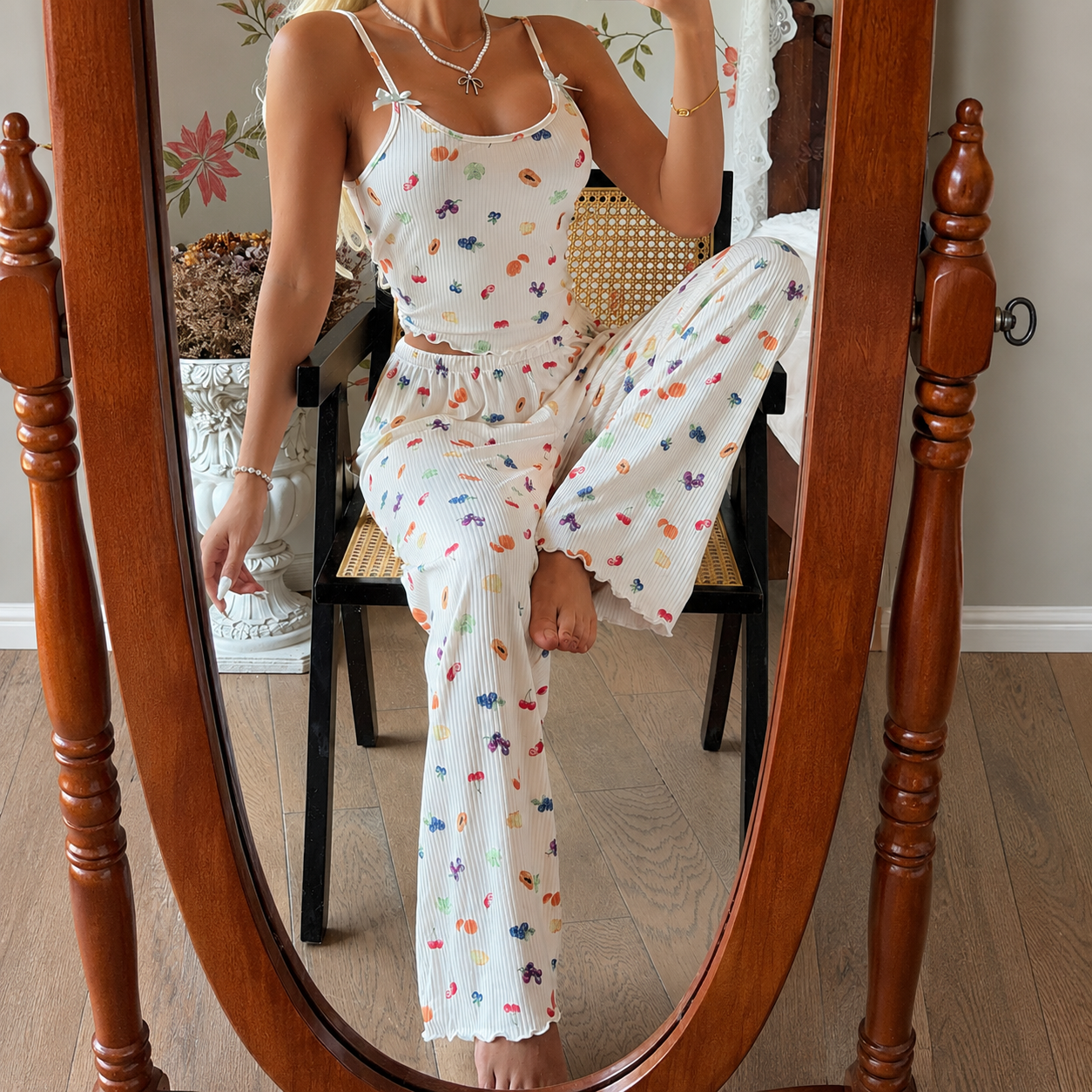 Fruit Print Bow Camisole Pajama Set For Women