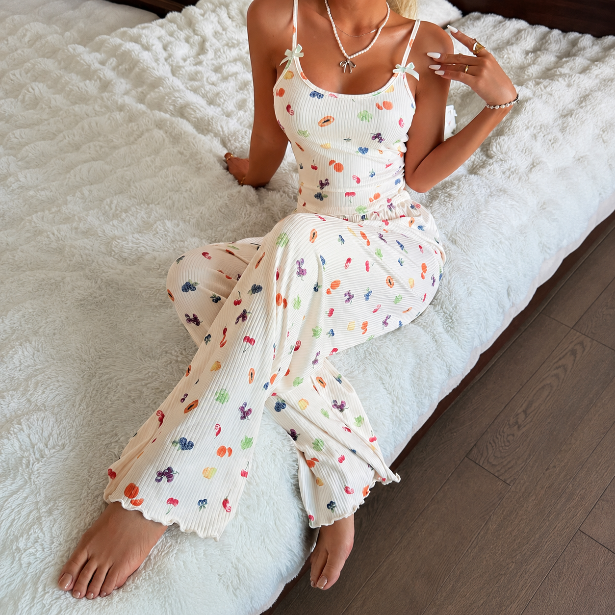 Fruit Print Bow Camisole Pajama Set For Women
