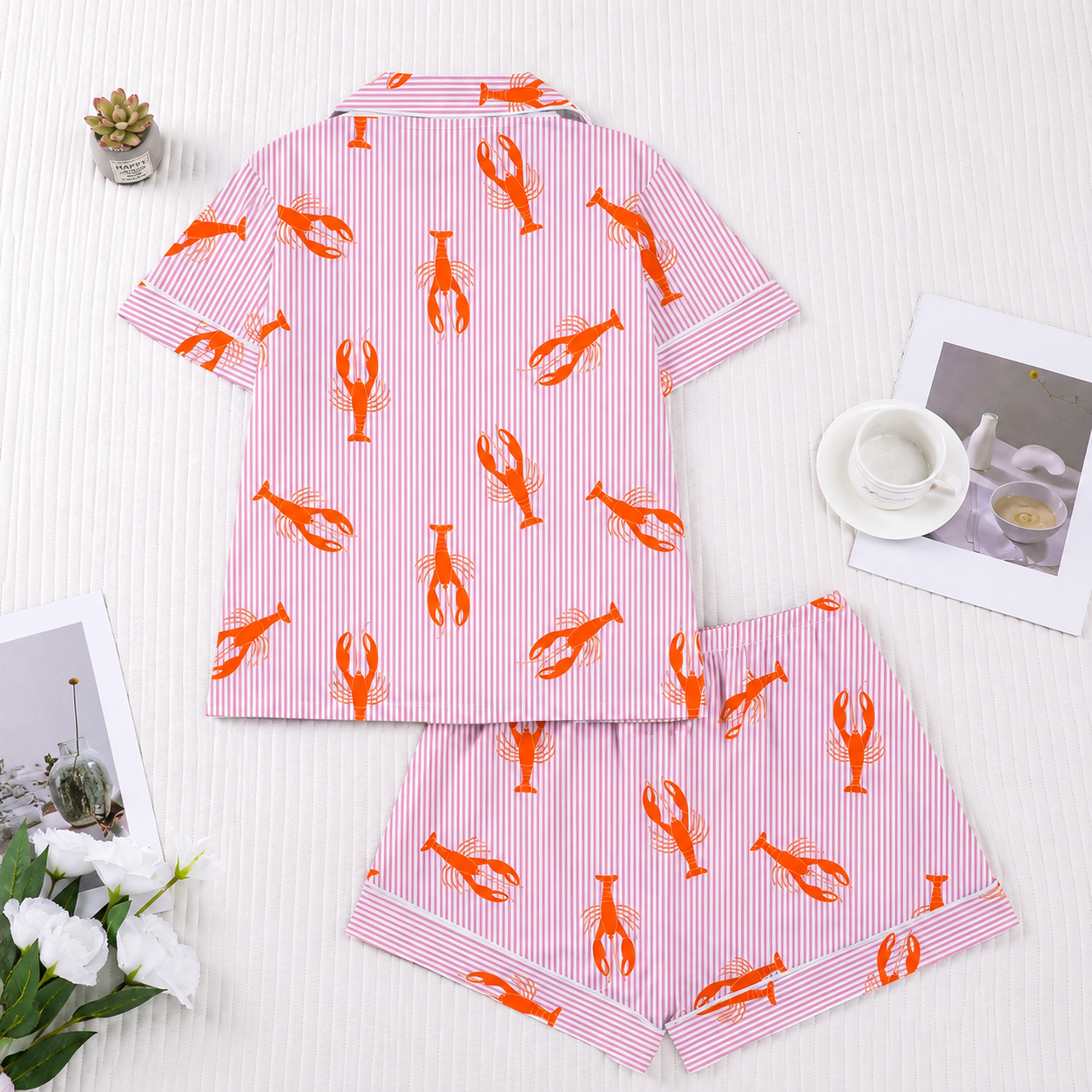 2 Pieces Lobster Print Short Sleeve Lapel Top And Shorts Set For Women