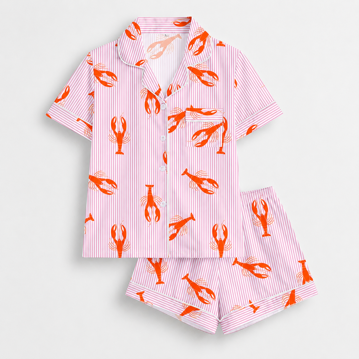 2 Pieces Lobster Print Short Sleeve Lapel Top And Shorts Set For Women