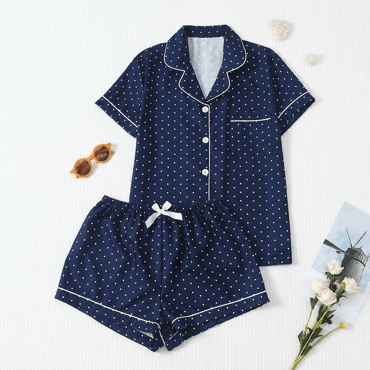 2 Piece Polka Dot Pajama Set With Bow Shorts For Women