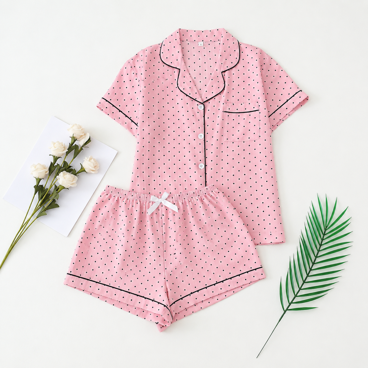 2 Piece Polka Dot Pajama Set With Bow Shorts For Women