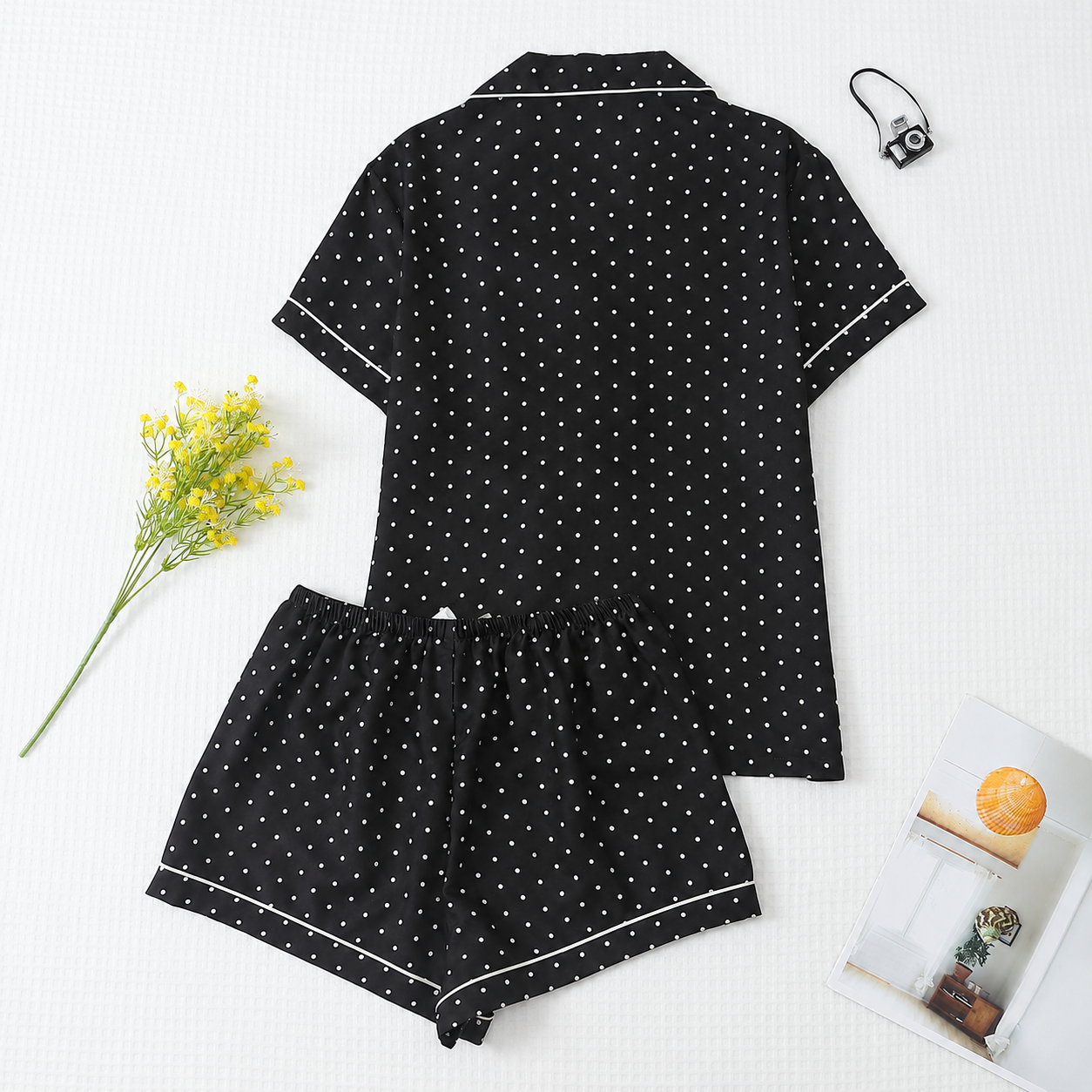 2 Piece Polka Dot Pajama Set With Bow Shorts For Women