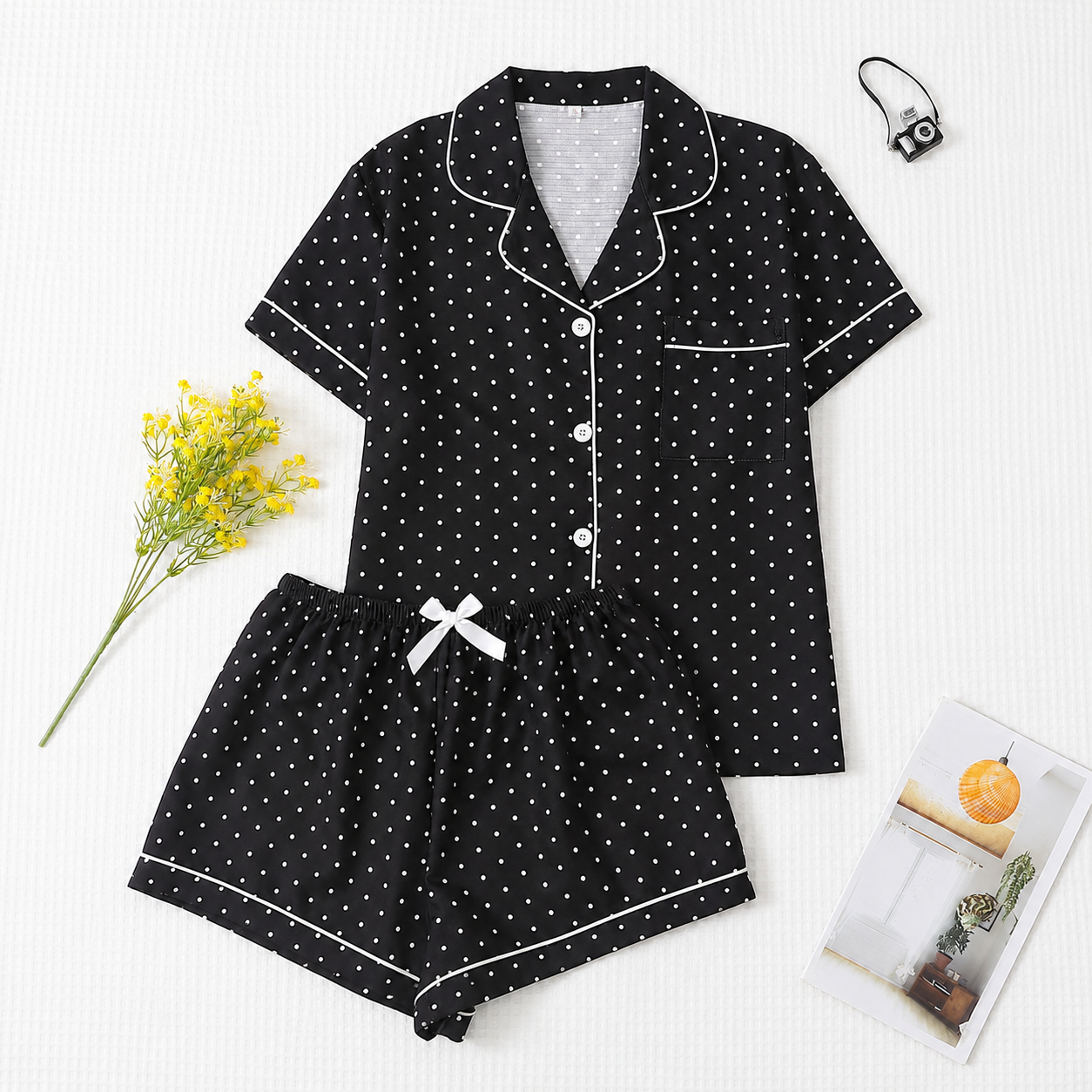 2 Piece Polka Dot Pajama Set With Bow Shorts For Women